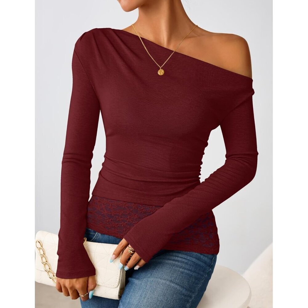 Women's Wine Long Sleeve Off Shoulder Tops Casual Boat Neck Lace Shirts Blouses